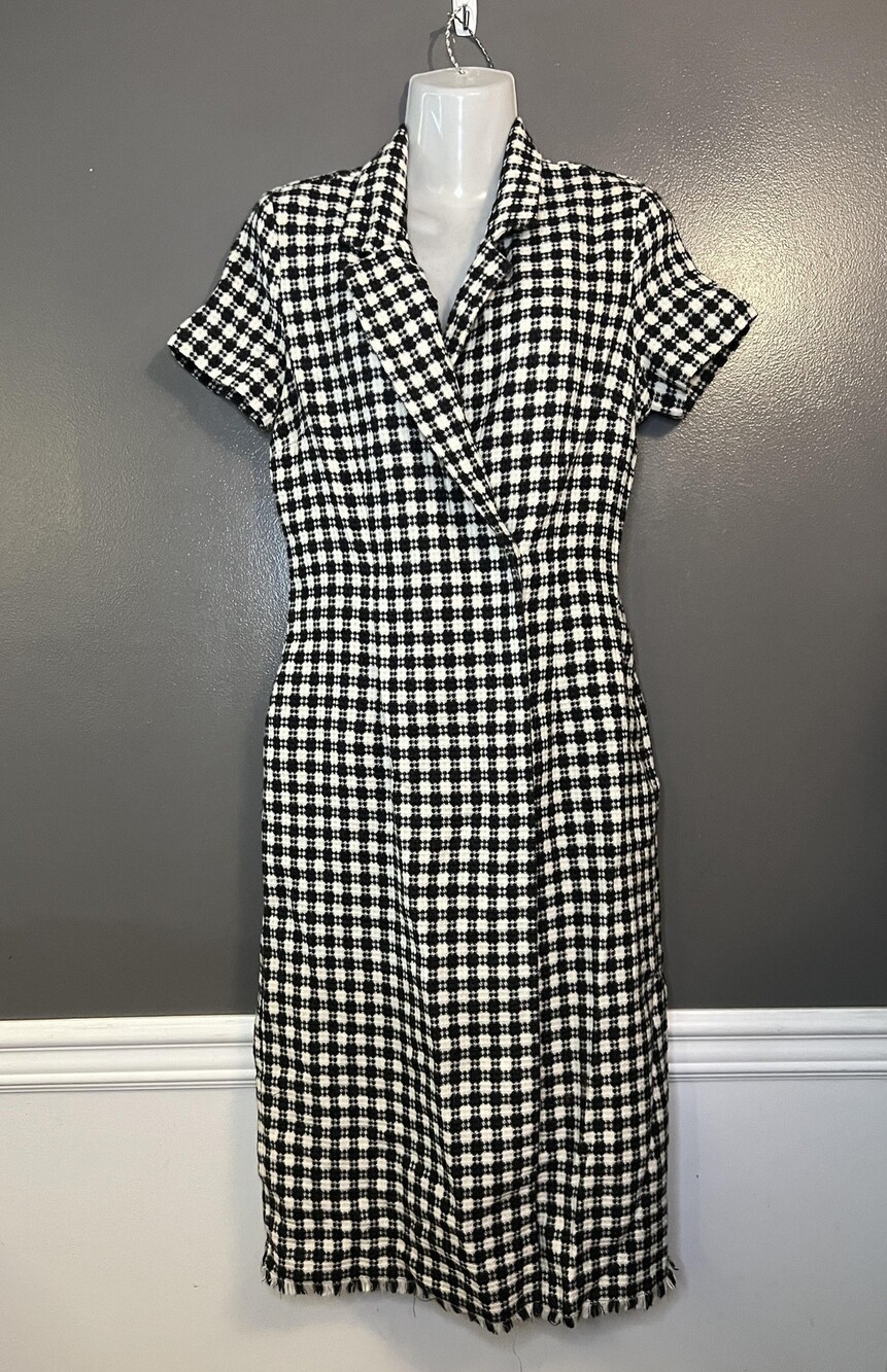 GANT Rugger Dress Womens Medium Black White Plaid Short Sleeve Wool Blend Midi